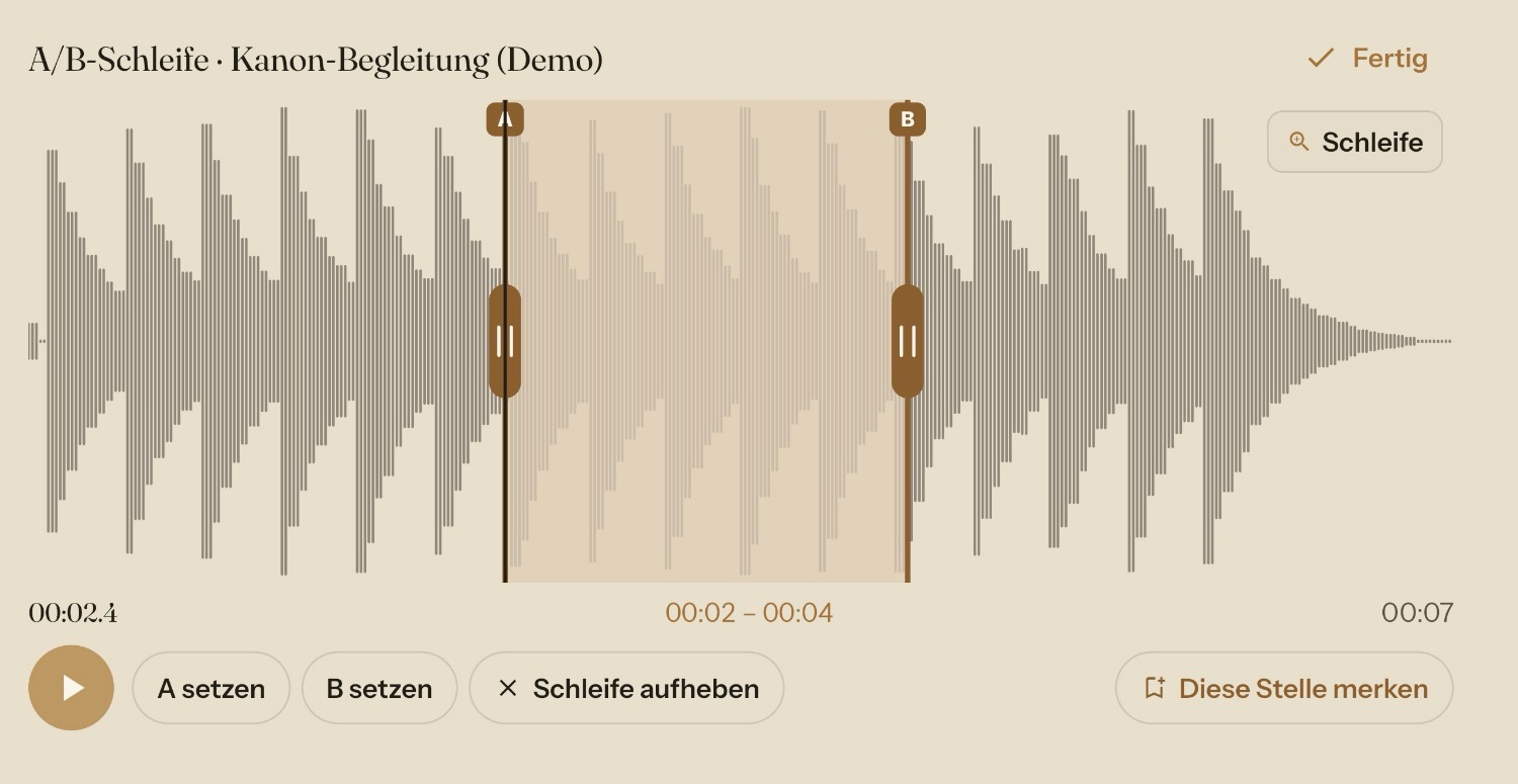 Taktura Play-along: Wellenform mit A/B-Schleife und Tempo-Steuerung